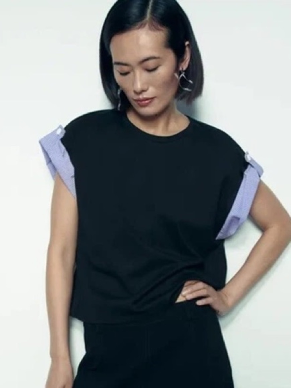 Zara Black Top Blue Stripe‎ Ruffle Sleeve Statement Minimal Chic Large Preppy